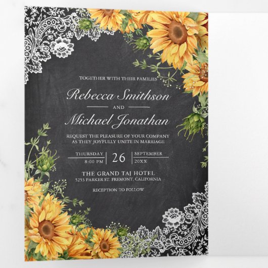 Rustic krijtbord kantwerk zonnebloemen QR-code bru Drieluik Uitnodiging (Binnenzijde eerst)