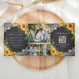 Rustic krijtbord kantwerk zonnebloemen QR-code bru Drieluik Uitnodiging
