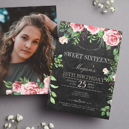 Rustic krijtbord roze rozen FOTO Sweet Sixteen Kaart