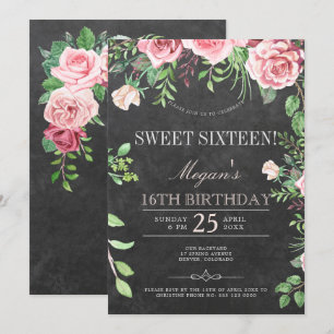 Rustic krijtbord roze rozen tuin Sweet Sixteen Kaart