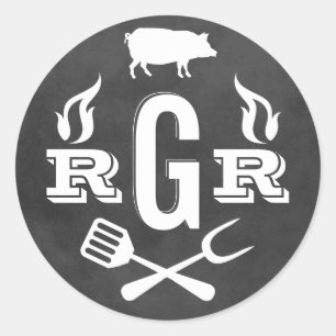 Rustic krijtbord varken roosteren BBQ-monogram Ronde Sticker
