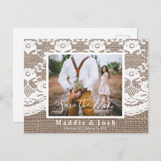 Rustic l Burlap en Lace Save the Date Briefkaart (Voorkant / Achterkant)