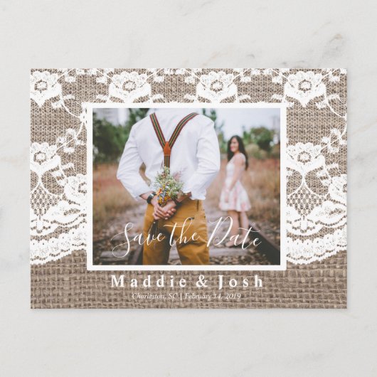 Rustic l Burlap en Lace Save the Date Briefkaart (Voorkant)