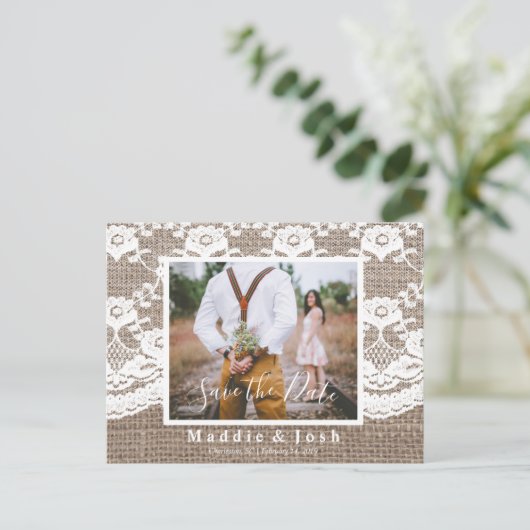 Rustic l Burlap en Lace Save the Date Briefkaart (Staand voorkant)