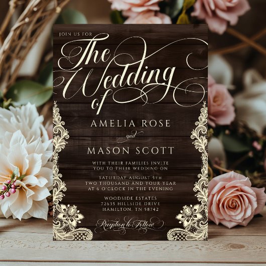 Rustic Lace and Wood Script Calligraphy Wedding Kaart