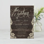 Rustic Lace and Wood Script Calligraphy Wedding Kaart (Staand voorkant)