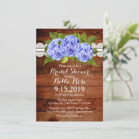 Rustic Lace Blue Hydrangea Vrijgezellenfeest Invit Kaart (Staand voorkant)