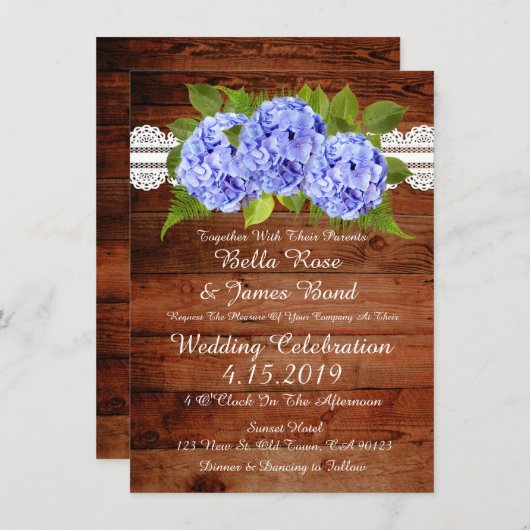 Rustic Lace Blue Hydrangea Wedding Invitation Kaart (Voorkant / Achterkant)