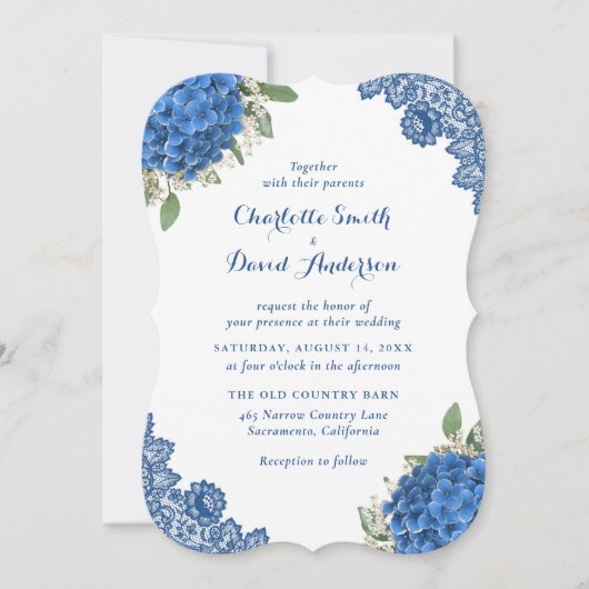 Rustic Lace Blue Hydrangea Wedding Invitations Kaart (Voorkant)