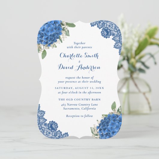 Rustic Lace Blue Hydrangea Wedding Invitations Kaart (Staand voorkant)