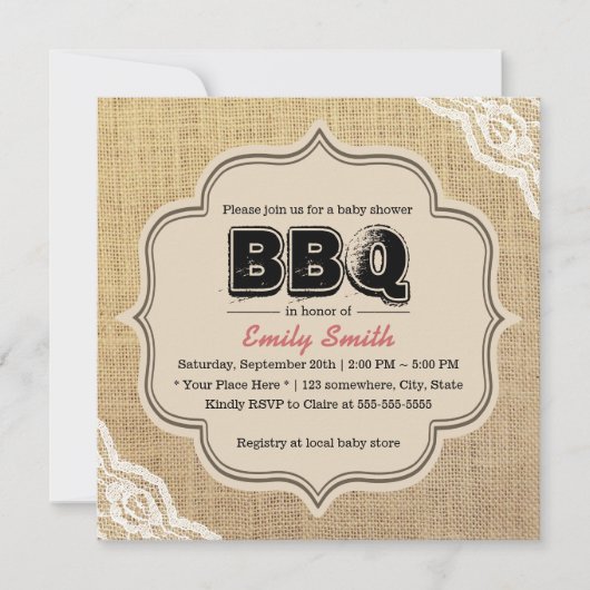 Rustic Lace & Burlap Baby shower BBQ Party Kaart (Voorkant)