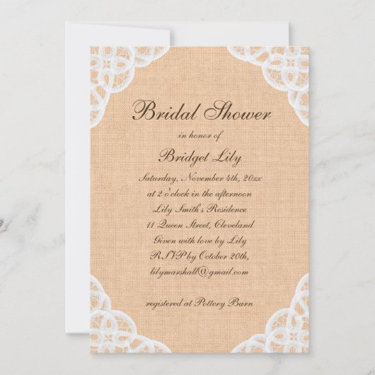 Rustic Lace & Burlap Bridal Shower Invitation Kaart (Voorkant)