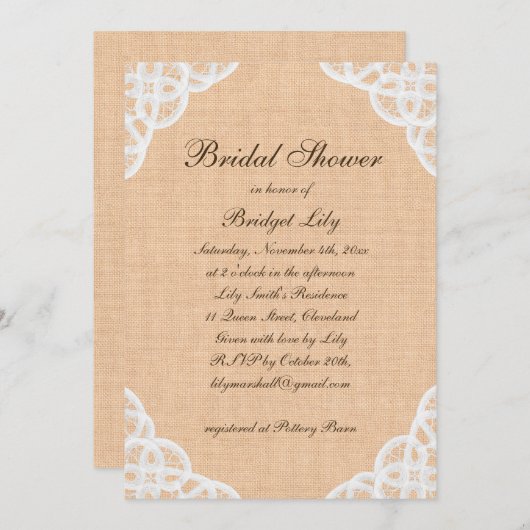 Rustic Lace & Burlap Bridal Shower Invitation Kaart (Voorkant / Achterkant)