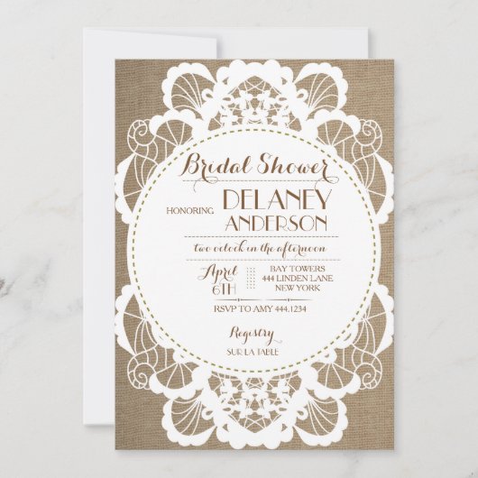 Rustic Lace Burlap Bridal Shower Invitations Kaart (Voorkant)