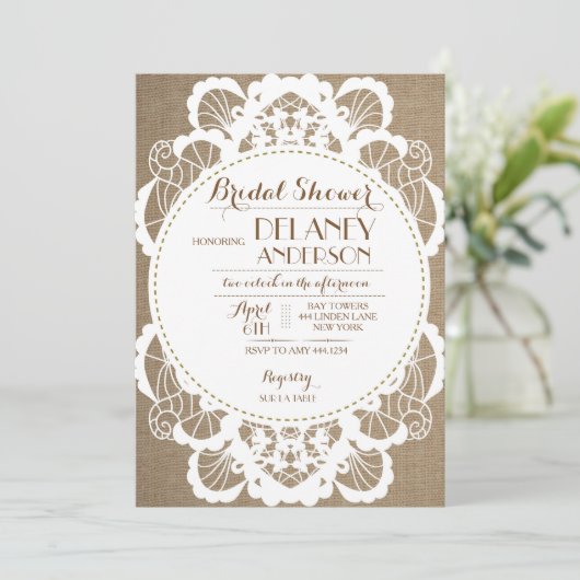 Rustic Lace Burlap Bridal Shower Invitations Kaart (Staand voorkant)