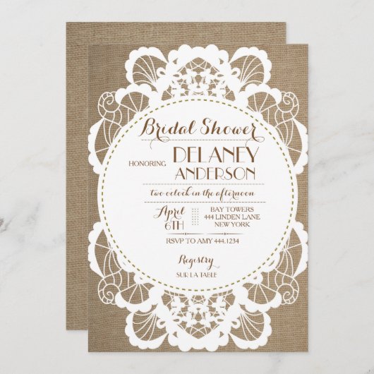 Rustic Lace Burlap Bridal Shower Invitations Kaart (Voorkant / Achterkant)