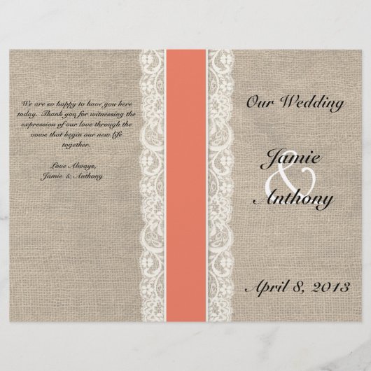 Rustic Lace & Burlap Coral Ribbon Wedding Programm (Voorkant)