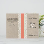 Rustic Lace & Burlap Coral Ribbon Wedding Programm (Staand voorkant)