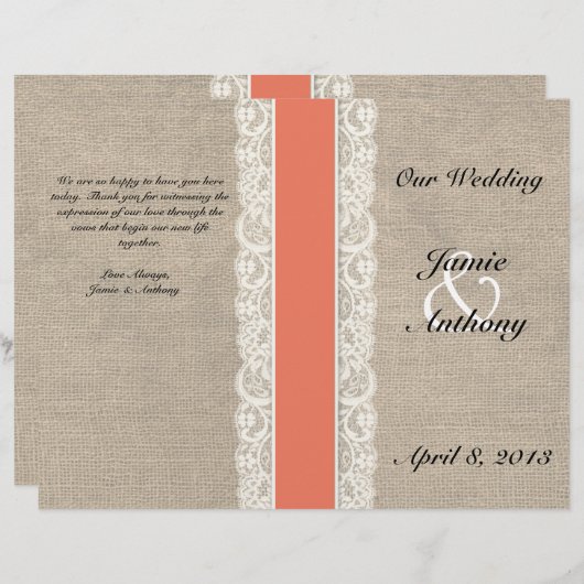 Rustic Lace & Burlap Coral Ribbon Wedding Programm (Voorkant / Achterkant)