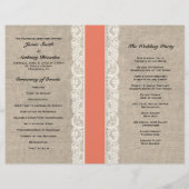 Rustic Lace & Burlap Coral Ribbon Wedding Programm (Achterkant)