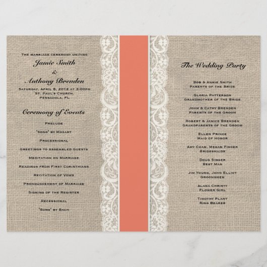Rustic Lace & Burlap Coral Ribbon Wedding Programm (Achterkant)