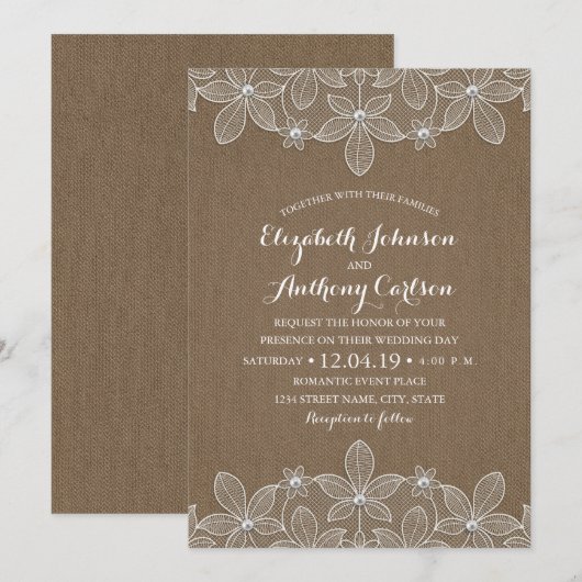 Rustic Lace Burlap Elegant  Luxe Huwelijk Kaart (Voorkant / Achterkant)