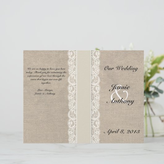 Rustic Lace & Burlap Ivory Ribbon Wedding Programm (Staand voorkant)