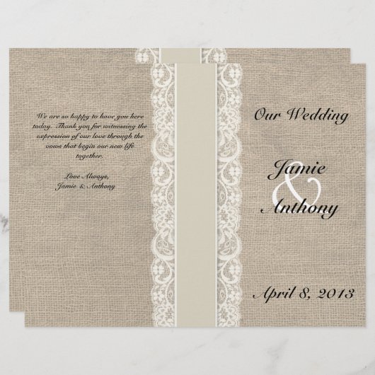 Rustic Lace & Burlap Ivory Ribbon Wedding Programm (Voorkant / Achterkant)