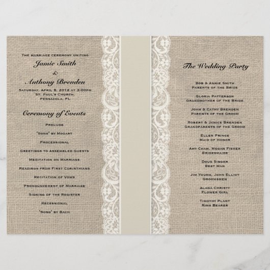 Rustic Lace & Burlap Ivory Ribbon Wedding Programm (Achterkant)