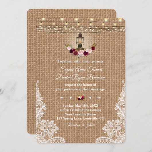 Rustic Lace Burlap Lights Wedding Kaart (Voorkant / Achterkant)
