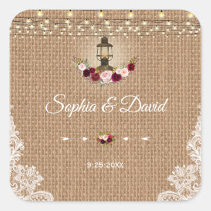 Rustic Lace Burlap Lights Wedding Vierkante Sticker