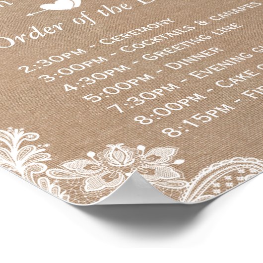 Rustic Lace Burlap Order of the Day Wedding Sign Poster (Hoek)