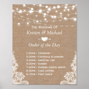 Rustic Lace Burlap Order of the Day Wedding Sign Poster