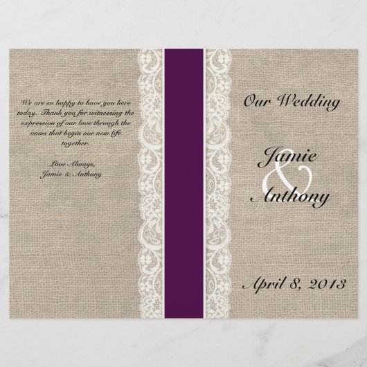 Rustic Lace & Burlap Plum Ribbon Wedding Programme (Voorkant)