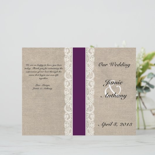 Rustic Lace & Burlap Plum Ribbon Wedding Programme (Staand voorkant)