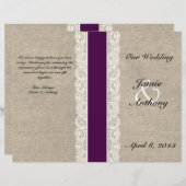 Rustic Lace & Burlap Plum Ribbon Wedding Programme (Voorkant / Achterkant)