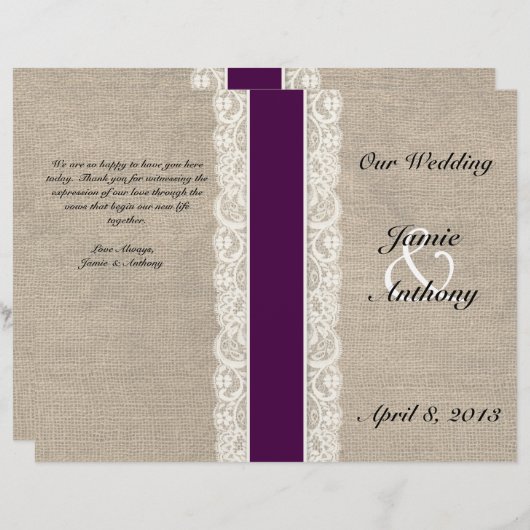 Rustic Lace & Burlap Plum Ribbon Wedding Programme (Voorkant / Achterkant)
