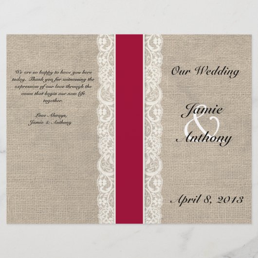 Rustic Lace & Burlap Red Ribbon Wedding Programme (Voorkant)