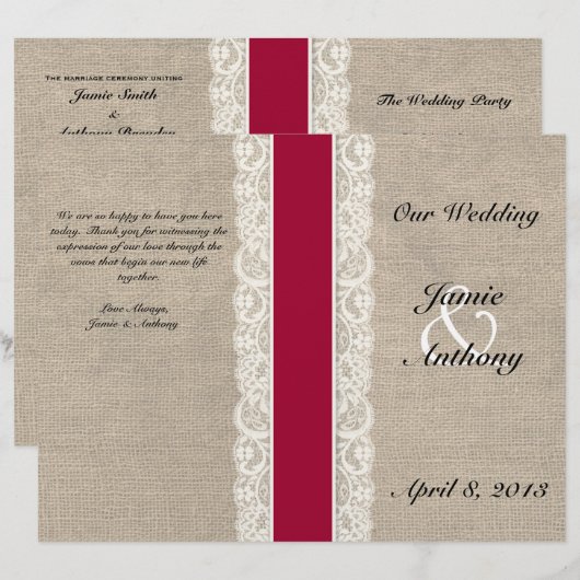 Rustic Lace & Burlap Red Ribbon Wedding Programme (Voorkant / Achterkant)