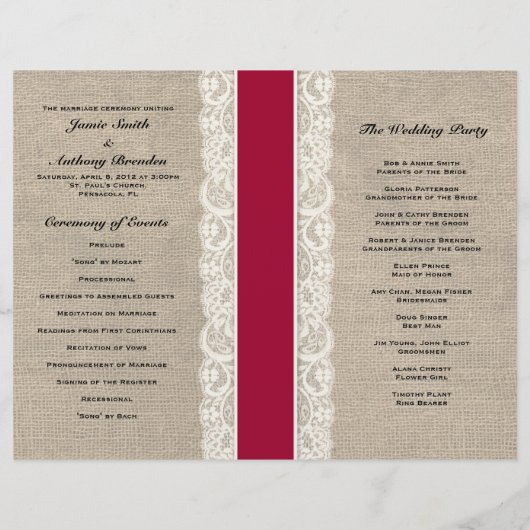 Rustic Lace & Burlap Red Ribbon Wedding Programme (Achterkant)