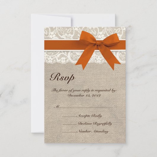 Rustic Lace Burlap RSVP Card Burnt Oranje Kaartje (Voorkant)