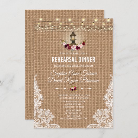 Rustic Lace Burlap String Lights Rehearsal Dinner Kaart (Voorkant / Achterkant)
