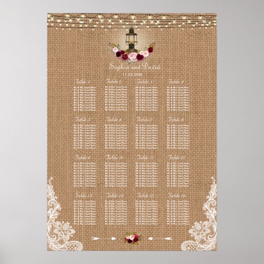 Rustic Lace Burlap String Lights Seating Chart Poster (Voorkant)