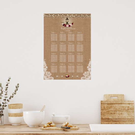 Rustic Lace Burlap String Lights Seating Chart Poster (Keuken)