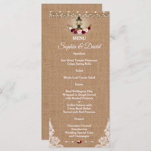 Rustic Lace Burlap String Lights Wedding Menu (Voorkant / Achterkant)