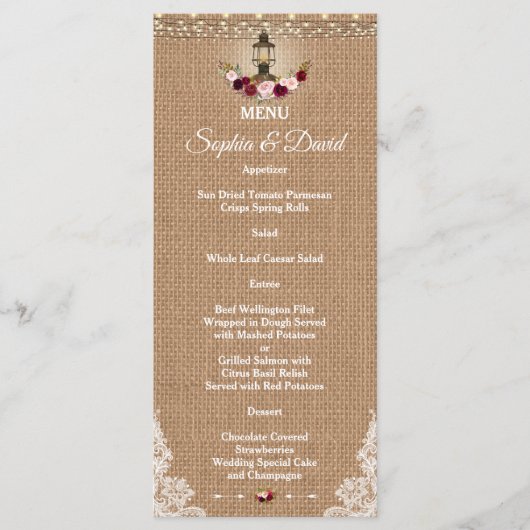 Rustic Lace Burlap String Lights Wedding Menu (Voorkant)