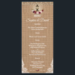 Rustic Lace Burlap String Lights Wedding Menu<br><div class="desc">Rustic Marsala Floral Wood Old Lantern Wedding Menu Lace Burlap Old Lantern String Lights Floral Wedding Unieke kaart met snaarlichten, oude lantaarn met marsala bloemen, gebarsten op een schoot met de achtergrond van de hoeken. Het gebruik past hulpmiddel aan om uw info toe te voegen. Zie ook mijn Vintage Lace...</div>