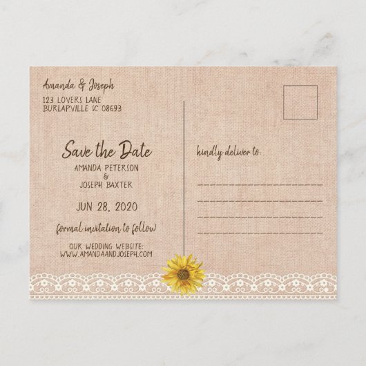 Rustic Lace & Burlap Sunflower Save the Date Aankondigingskaart (Achterkant)