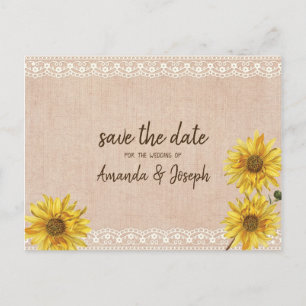 Rustic Lace & Burlap Sunflower Save the Date Aankondigingskaart