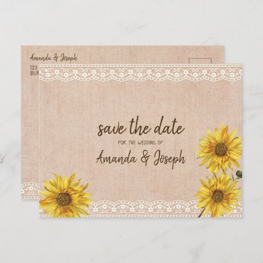 Rustic Lace & Burlap Sunflower Save the Date Aankondigingskaart (Voorkant / Achterkant)